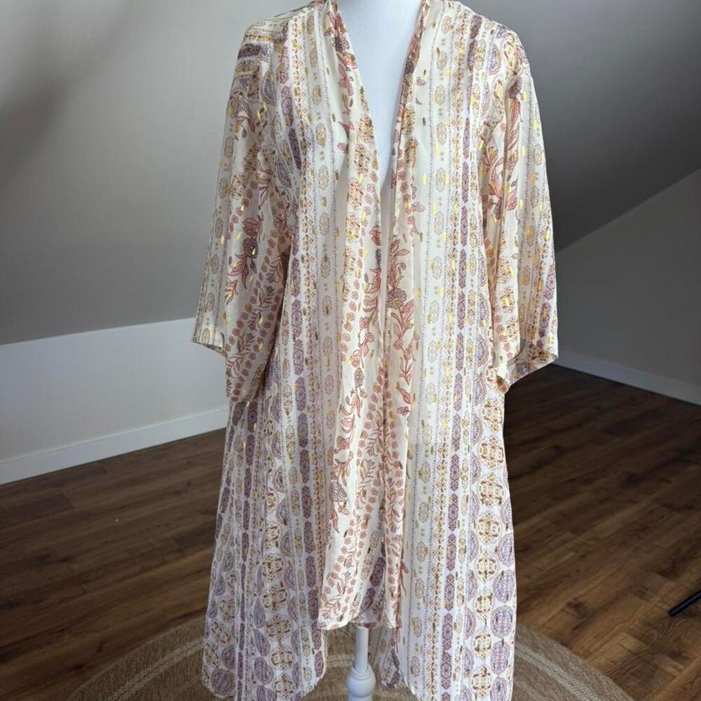 Gypsies & Moondust Boho Kimono Duster Floral Gold Detail Festival Cover Up M - Picture 2 of 7